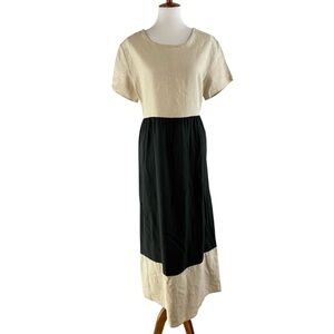 Alexandra Lee Vintage Beige Black Colorblock Linen Rayon Tie Waist Maxi Dress